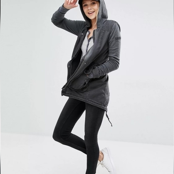 Abercrombie & Fitch Charcoal Hooded Fleece Sleeve Zip Snap Utility Parka Size XS - Picture 1 of 16